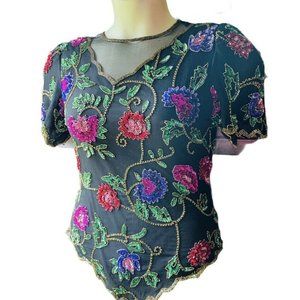 Vtg Laurence Kazar Beaded Sequin Silk Cocktail Top